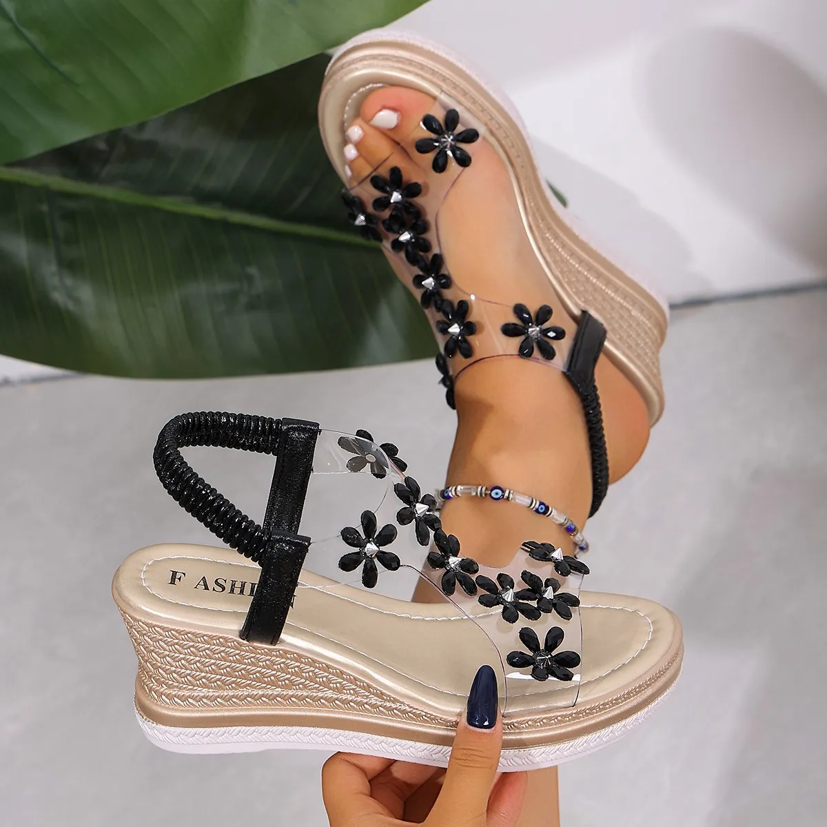 Rhinestone Flowers Wedges Sandals Women 2026 Luxury Crystals Chunky Platform Sandles Woman Clear Pvc Super High Heel Party Shoes