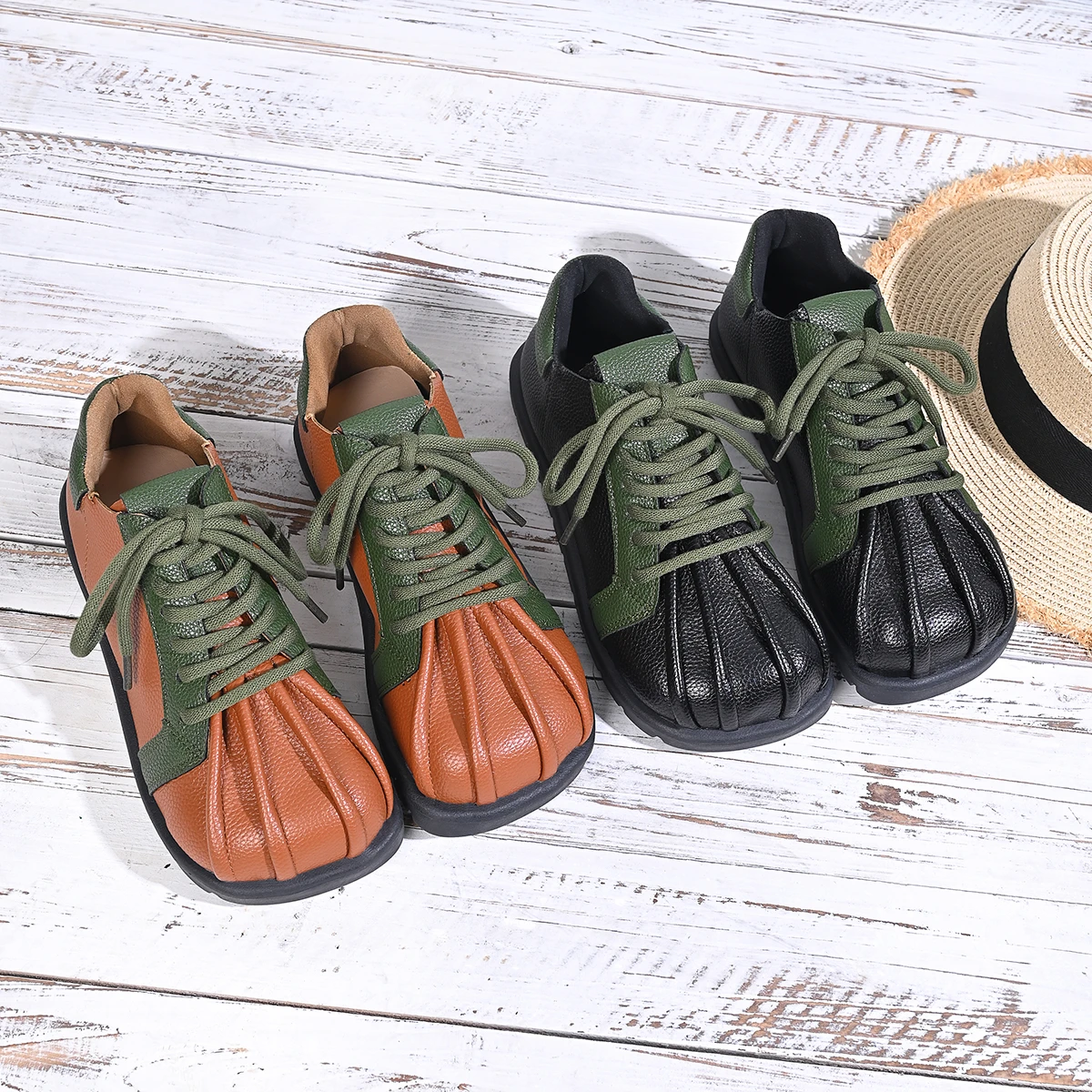 Spring/Autumn Women's Casual Commute Shell Round Toe Flat Bottom Low Help Color Block Retro Soft Surface Lace-Up Single Shoes
