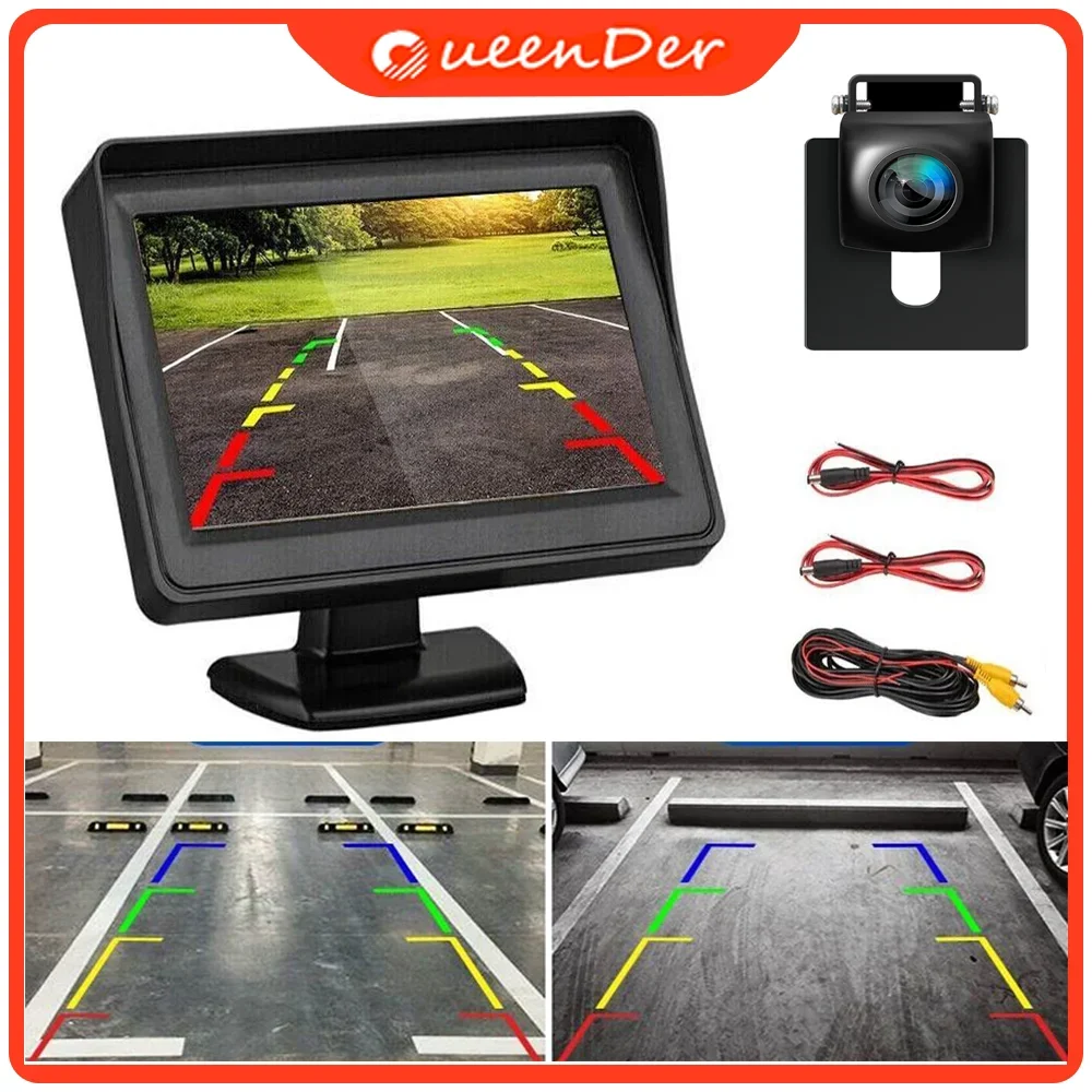 QueenDer 4.3” Reversing Camera Car Car Monitor, HD Night Vision Waterproof Rear View Camera for Cars, Trucks, SUVs, RVs, Buses