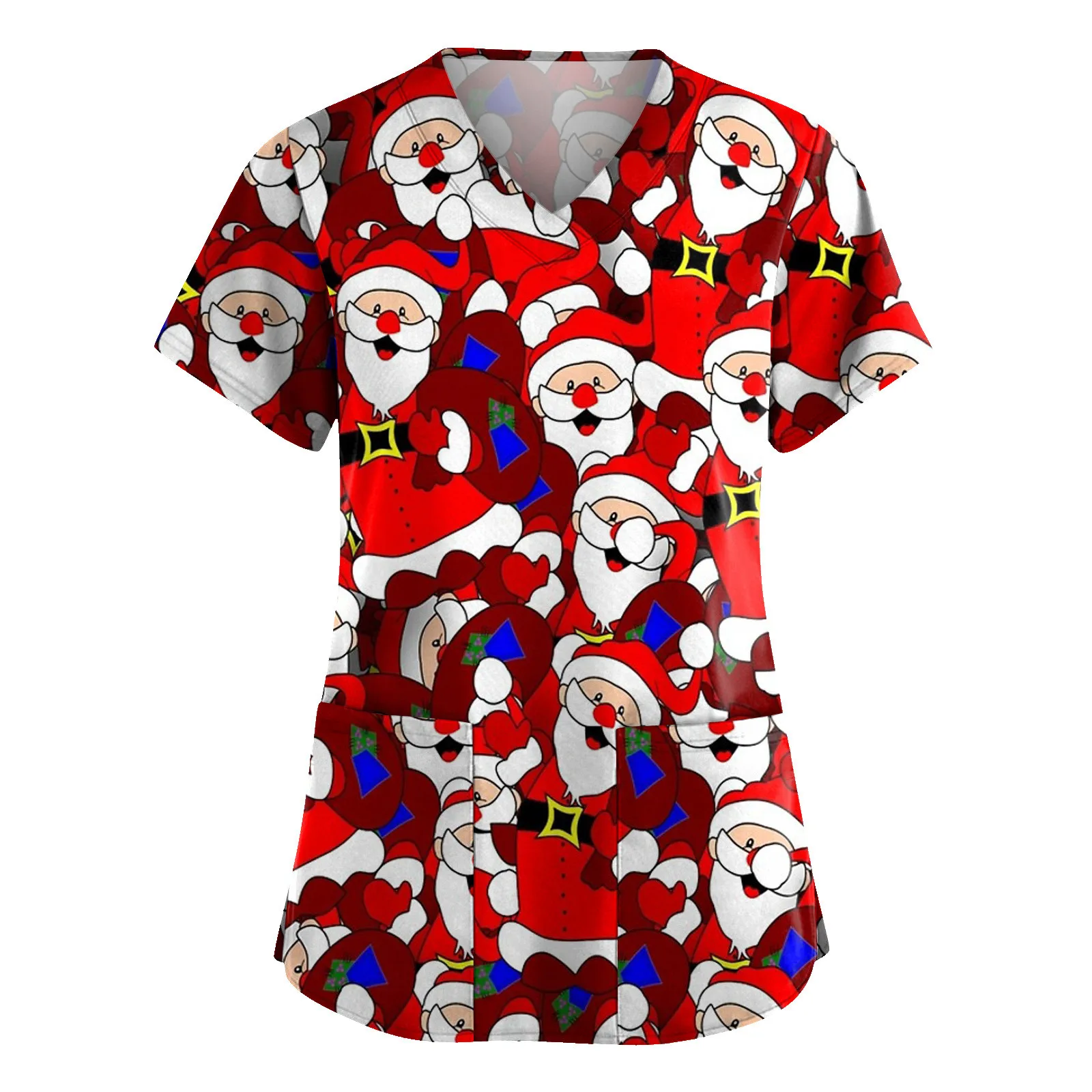 Christmas Uniforms Tops for Women Santa Claus Print Scrub Tops Hospital Pet Grooming Uniforms Nurses Dentist Work Tee Tops