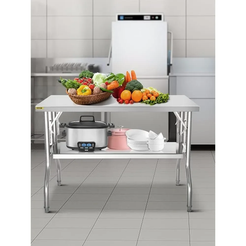 Folding Commercial Prep Table, Heavy-duty Stainless Steel Folding Table with 772 lbs Load, Kitchen Work Table, Silver
