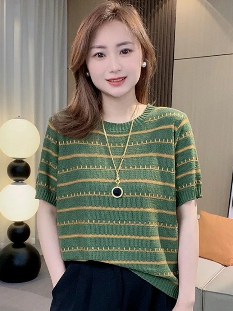 

Утягивающая футболка в полоску из ледяного шелка ort Sve, женская свободная посадка, тонкий летний модный топ, корейская повседневная одежда