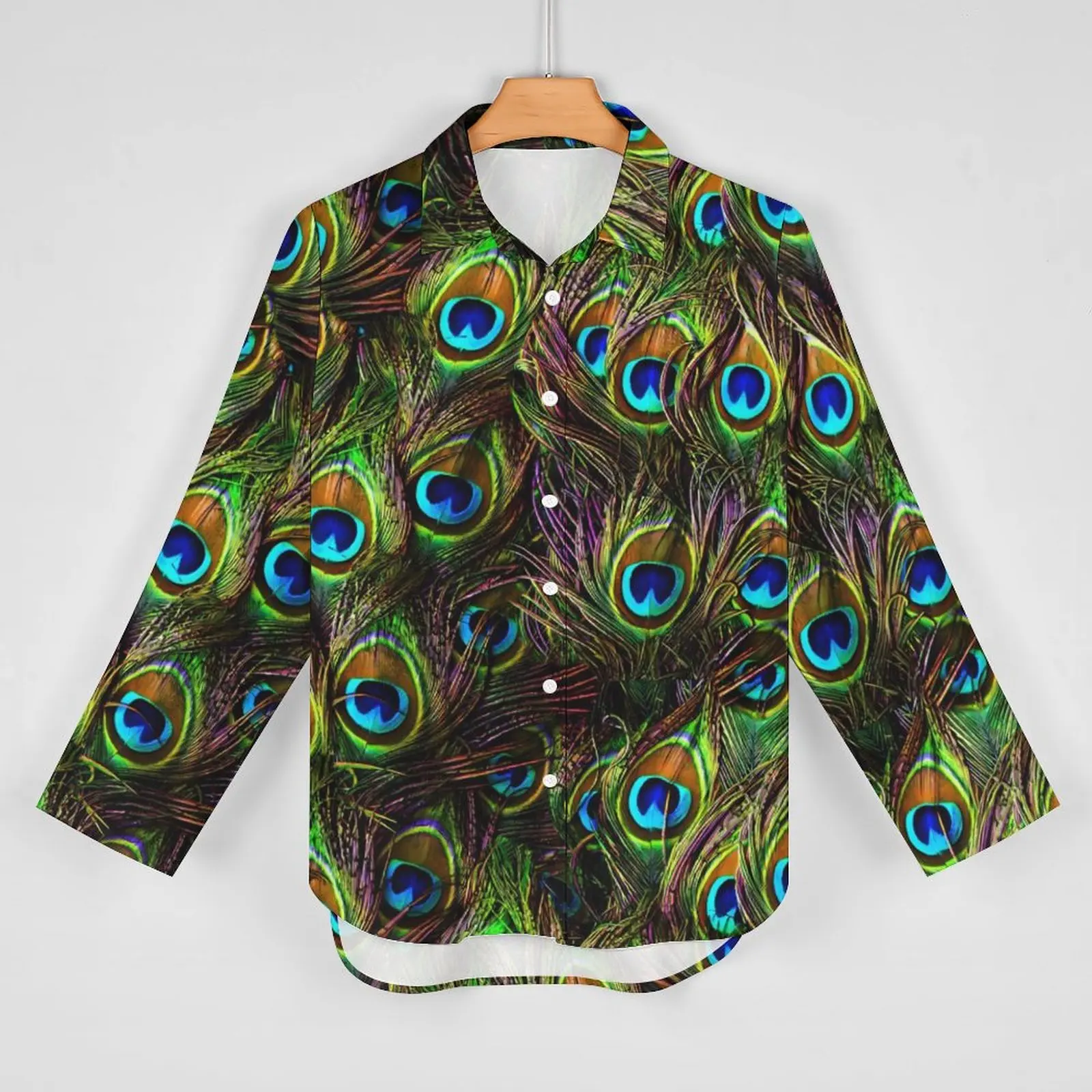 Peacock Feathers Loose Blouse Colorful Print Street Style Oversized Blouses Women Long-Sleeve Aesthetic Shirt Summer Pattern Top