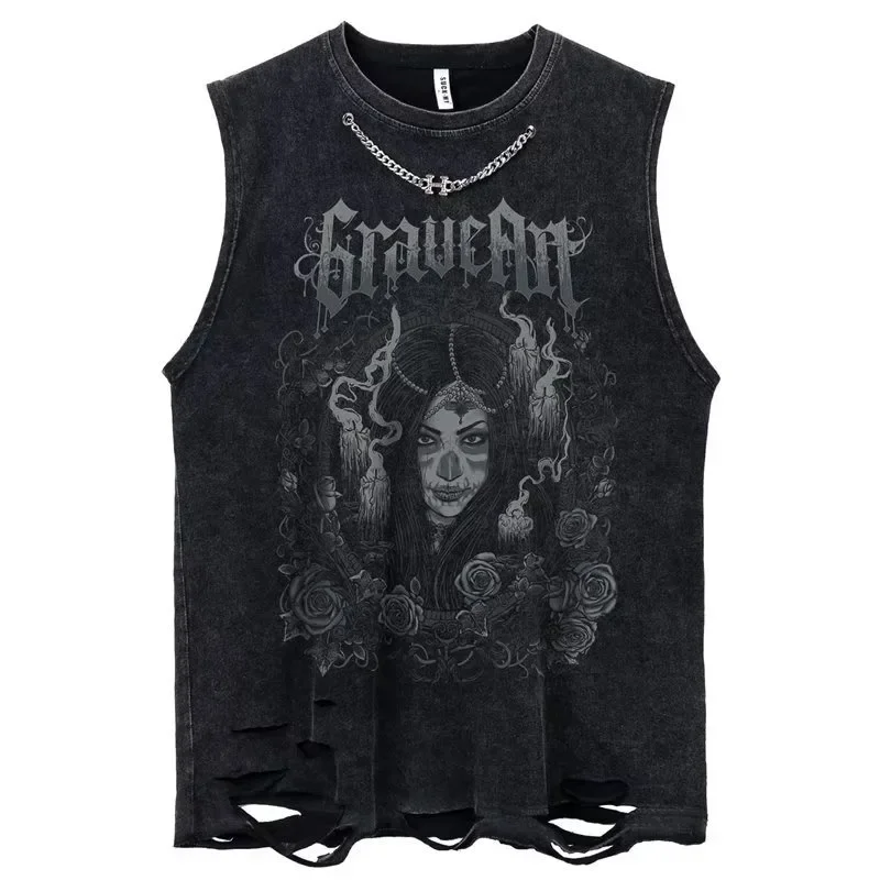 New Summer Cotton Tank Tops Loose Washed Retro Graphic Vest Print Tees Tops Women Streetwear Vintage Harajuku Oversized T