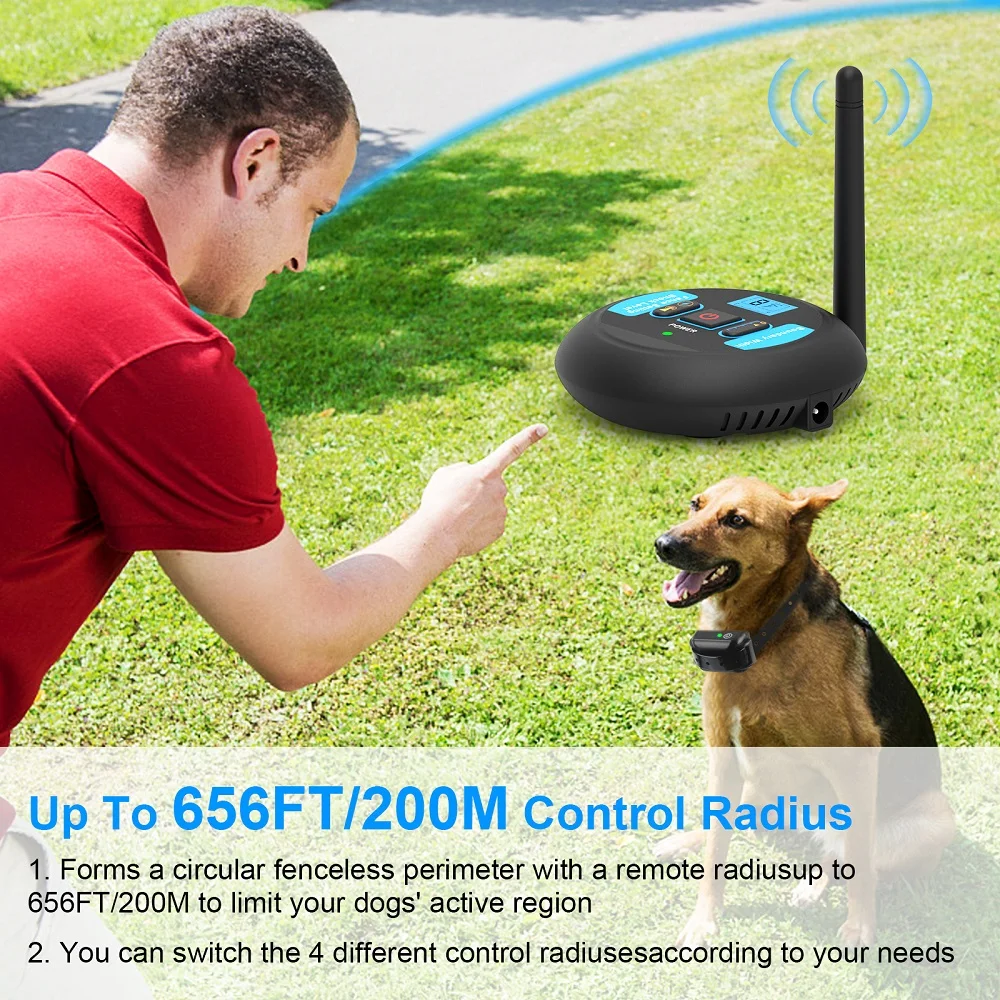 200 m kabelloser wiederaufladbarer Elektrozaun für Hunde, IP68 wasserdichter Piepton + Schock-Trainingsmodus, Sender- und Halsband-Kombination – Detail 3