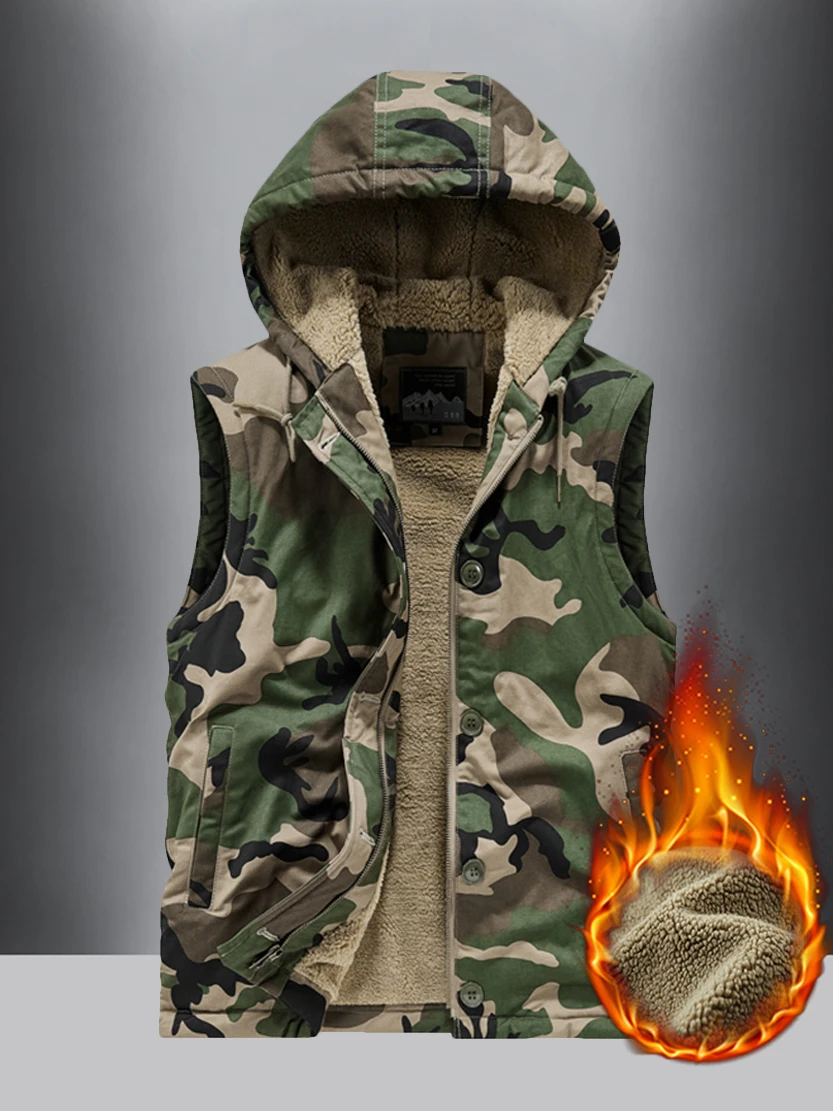 

Retro American Sle Men's Fce Lined Jaet Autumn Winter Coat with Hat Multiple kets Warm Vest Workwear Casual Faion