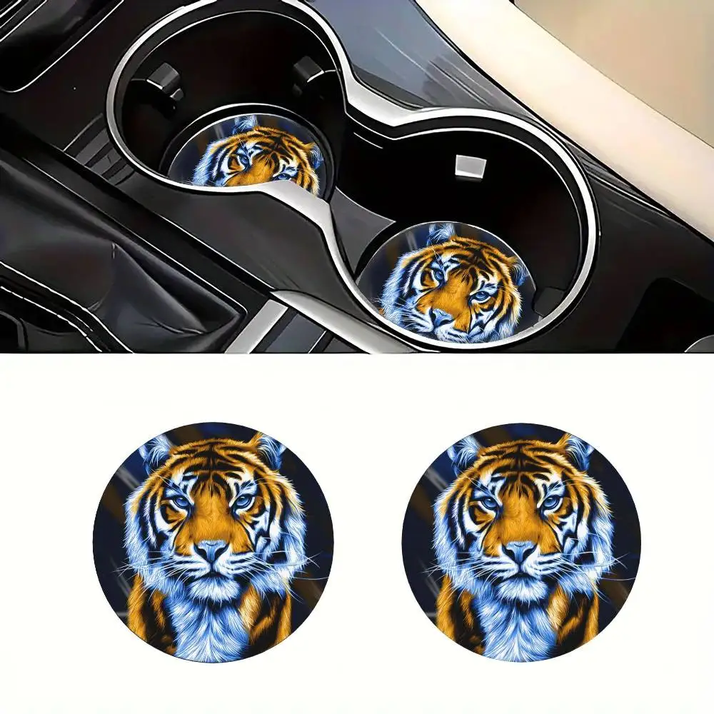 Blue Flame Tiger Emblem EVA Car Coasters 2pcs. Universal Cup Holder Pads For Men & Women Holiday Gifts For Loved Ones.