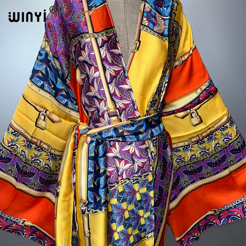 WINYI Sommer Kimono Strand Outfits Frauen Badeanzug Cover Up Boho Strickjacke Stich Selbst Gürtel sexy Urlaub Langarm Print Mantel