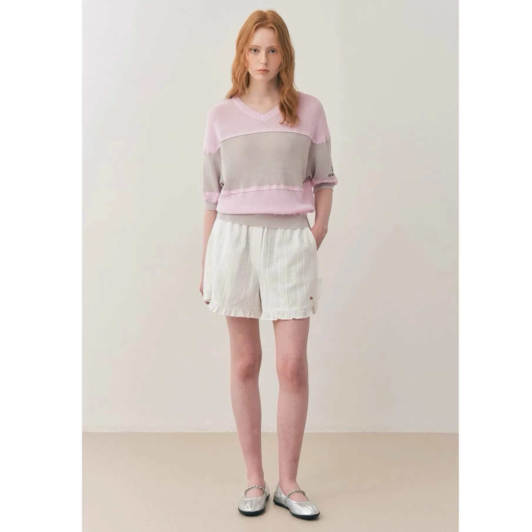 Lemon Cheese Summer Casual V-neck Splice Back Knitted Top Thin Short Sleeve Color Block Design Commute Style Loose Fit Knitwear