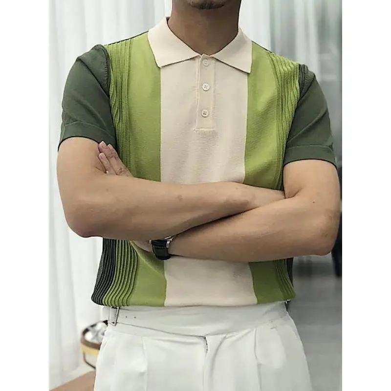 

Лето 202, мужской приталенный трикотаж ort Sve irt Color Blo с отложным воротником, модный повседневный модный молодежный трикотаж с крыльями летучей мыши...