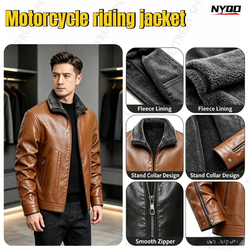 Winter Fleece Lined Faux Leather Jacket Warm Windproof Turn Collar Biker Coat Multi Zipper Pockets Casual PU Leather Outerwear