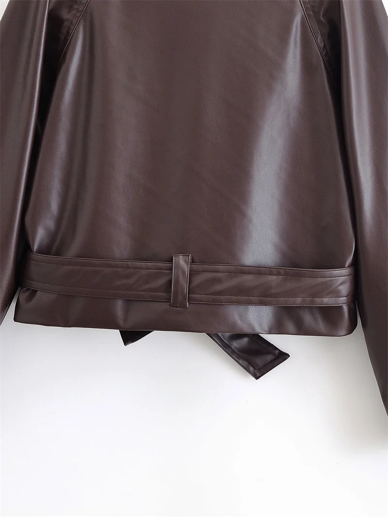 Cappotto da donna autunno nuovo stile marrone scuro manica lunga doppiopetto bavero cintura decorativa corta in ecopelle