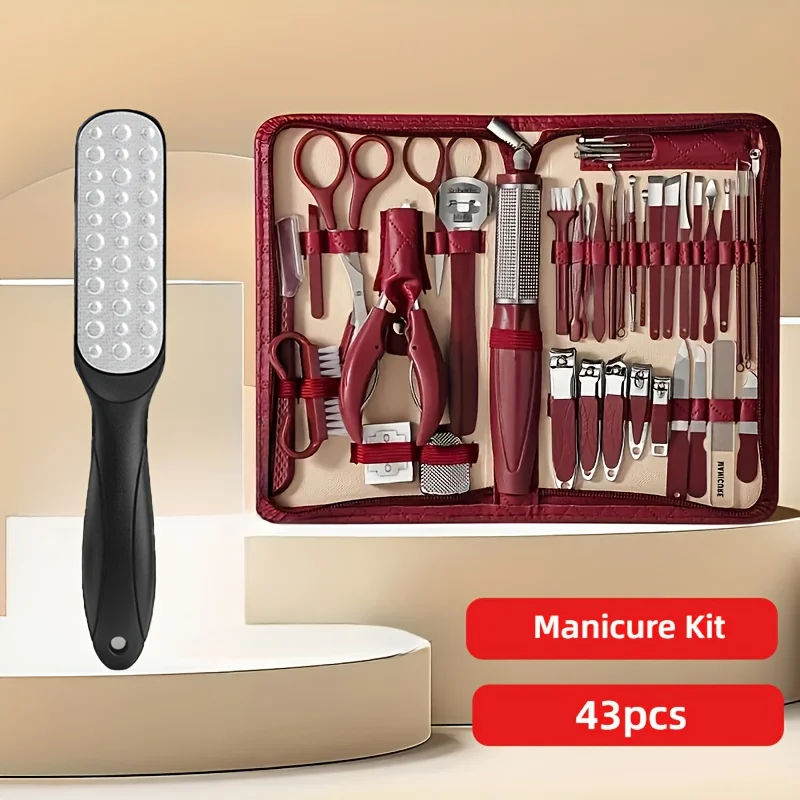 43点入りプロ用ネイルクリッパー＆マニキュア・ペディキュアセット、滑り止めグリップ付き携帯ケース、キューティクルプッシャー付き完全ネイルケアキット