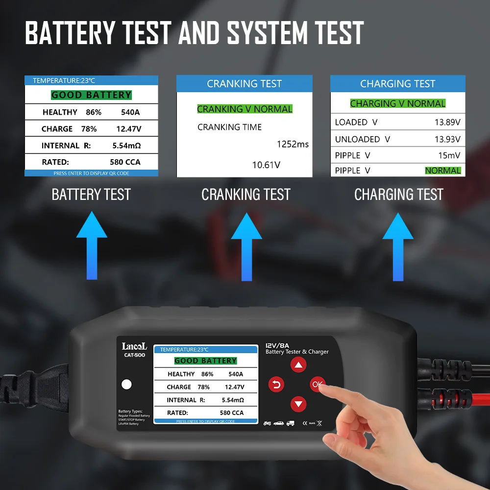 Lancol CAT-500 probador de batería de 12V, mantenedor de cargador de batería de 8A, carga lenta totalmente automática para baterías de litio de