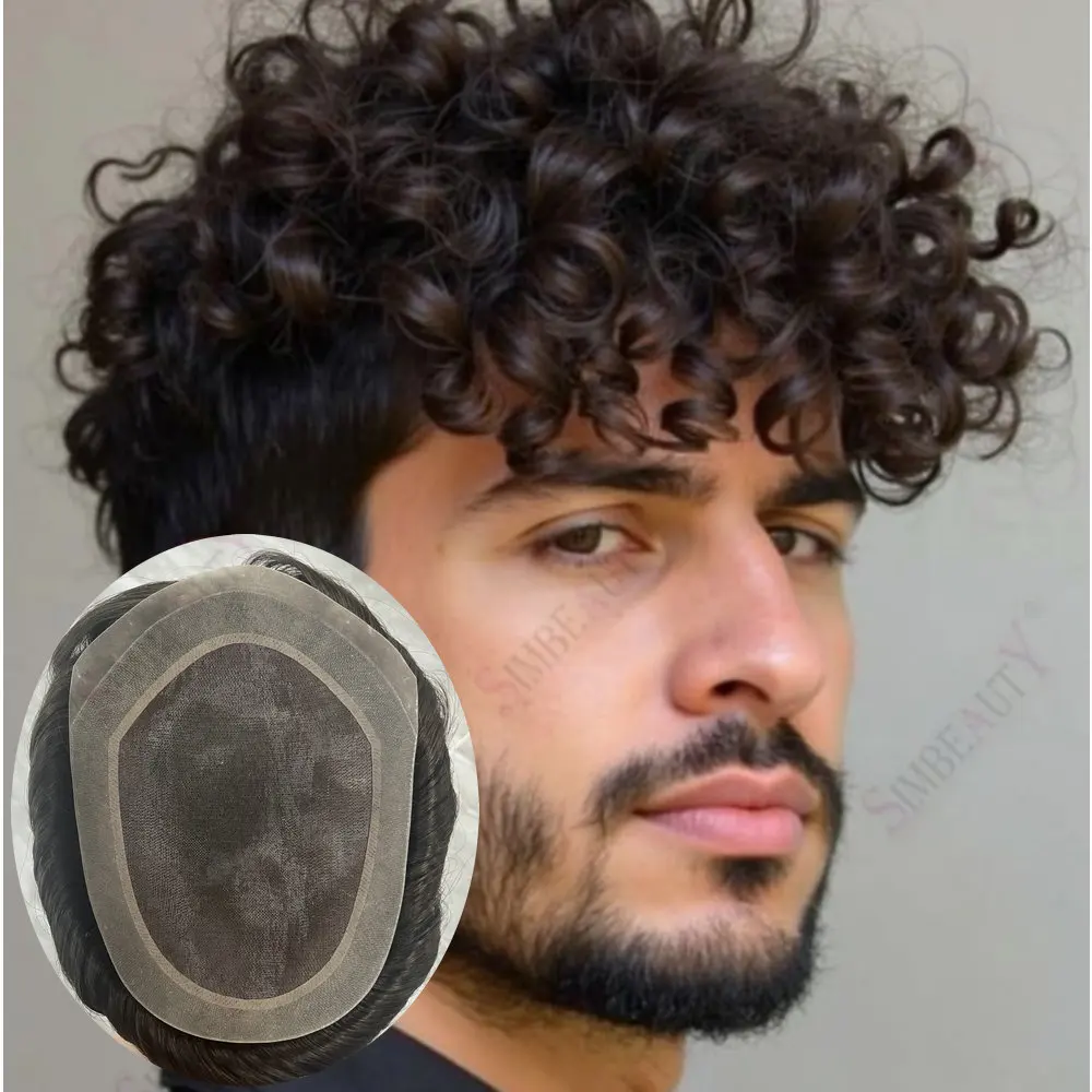 Natural Curl Men's Wig 18mm/15mm/20mm Durable Mono Lace PU Breathable Toupee for Bald Men Curly Human Hair Prosthesis System
