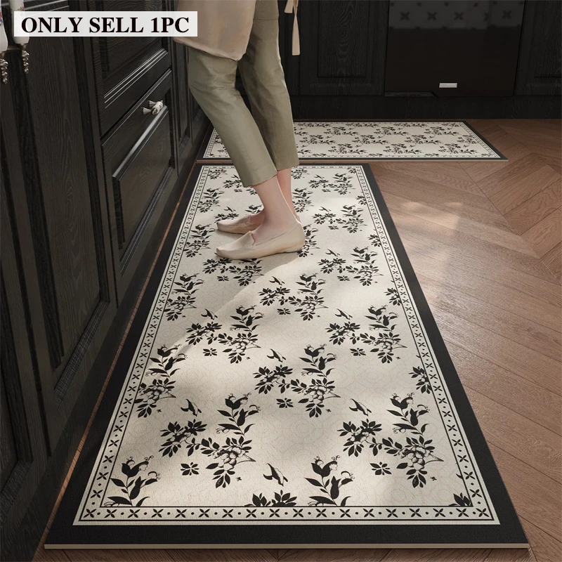 Kitchen Floor Mat Waterproof PVC Oil-proof Non-slip Leather Mats Floral Carpet Long Size Rug French Style Home Decoration Rugs - view 2