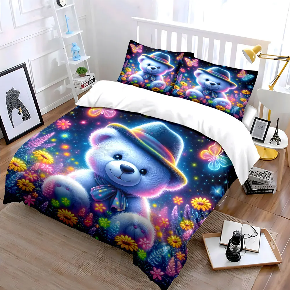 Cute Starry Scene with Colorful Flowers Printed Duvet Cover Set1 Duvet Cover+2 PillowcaseMulti Size Bedroom Bedding Decoration
