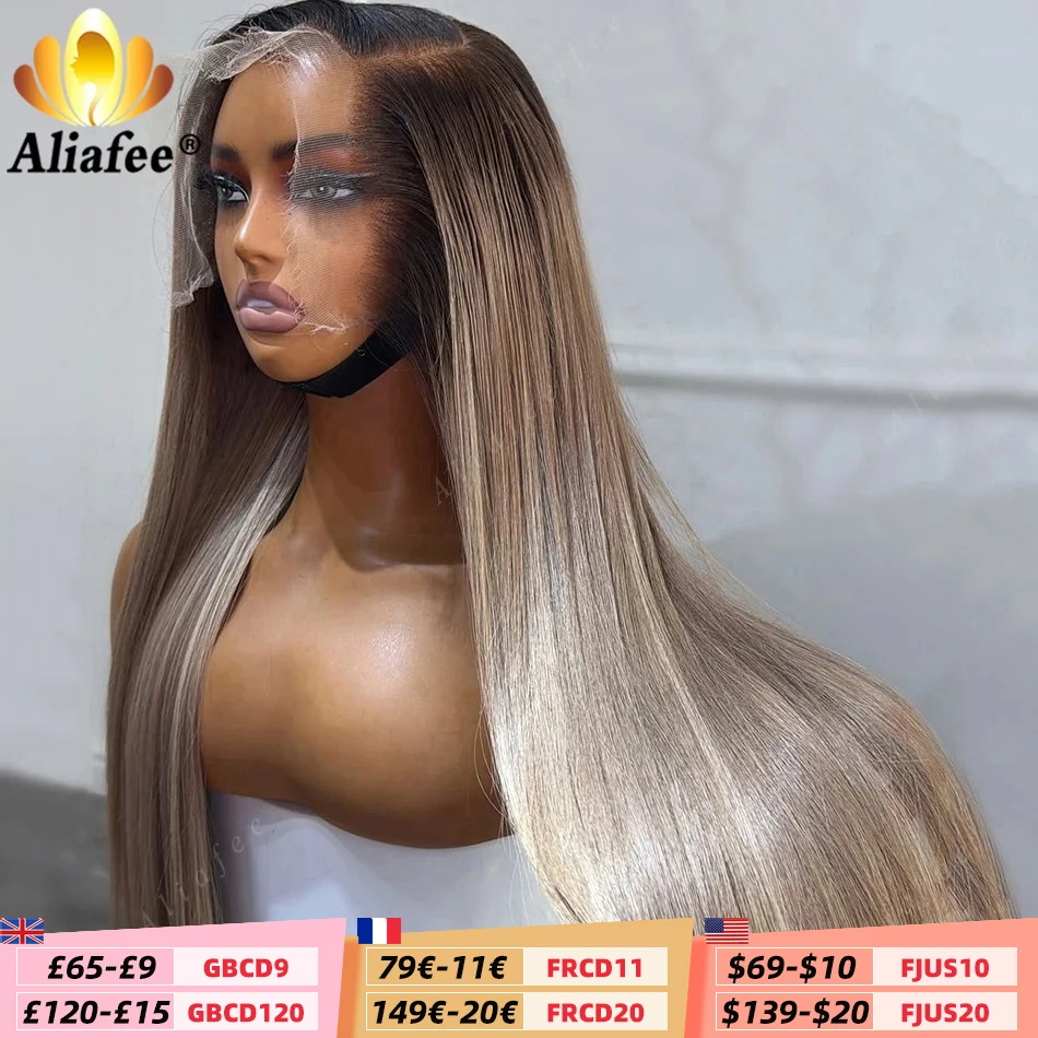Seidig Glatte Gerade Ombre Naturbraun Aschblond 13x4 HD Transparente Lace Frontal Perücken Hochwertige Glänzende Remy Echthaar-Perücken
