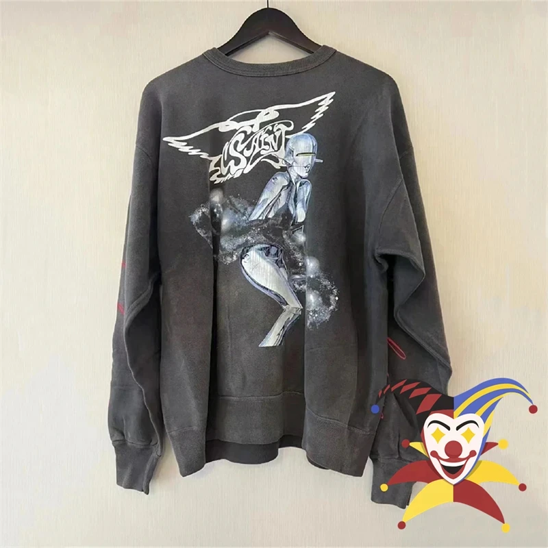 Washed Saint Sweatshirts Men Women Robot Printing Destroy Hoodie Crewneck