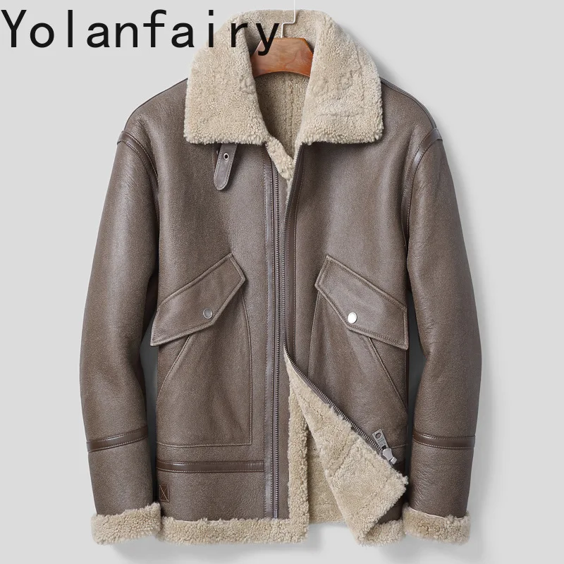 YOLANFAIRY Natural Sheepskin Shearling Coat Men Genuine Leather Jacket Warm Winter Real Lamb Fur Coats and Jackets Outerwear view 5