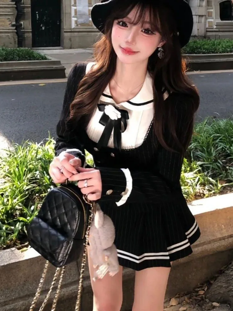 Ensemble 2 pièces pour femmes, Style Preppy, Vintage, foncé, Slim, rayé, manteau, hauts, Mini jupe plissée, costume, tenues uniformes élégantes, automne