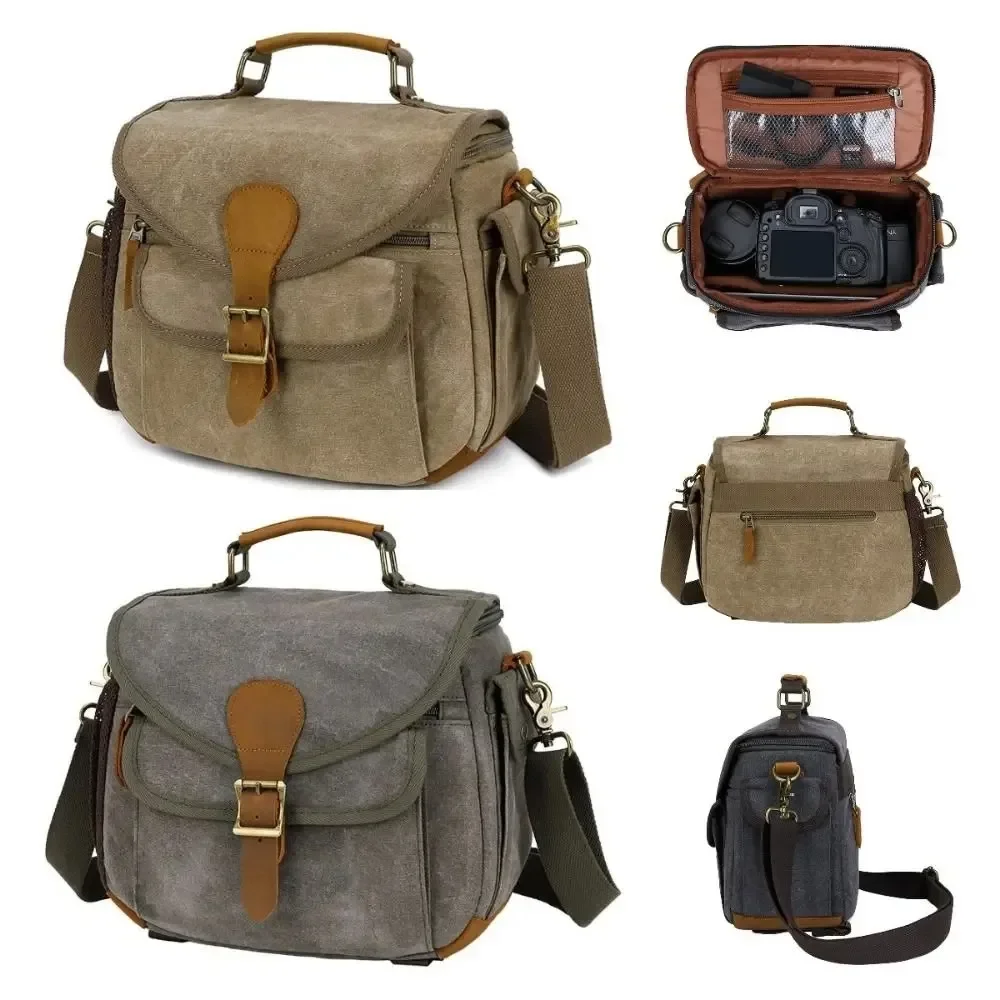 Canvas Padded Mirrorless Photography Camera Bag Waterproof Camera Protective Case Leather Trim Shockproof Crossbody Shoulder Bag