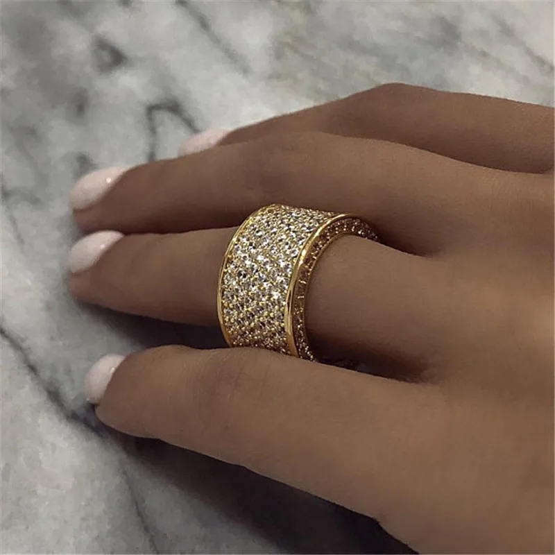 Huitan Eternity Wedding Rings for Women Silver Color/Gold Color Wide CZ Rings Engagement Proposal Accessories Timeless Jewelry