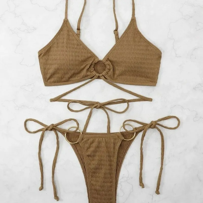 Costume da bagno costume da bagno donna estate nuovo bikini sexy europeo e americano tinta unita costume da bagno senza schienale con lacci