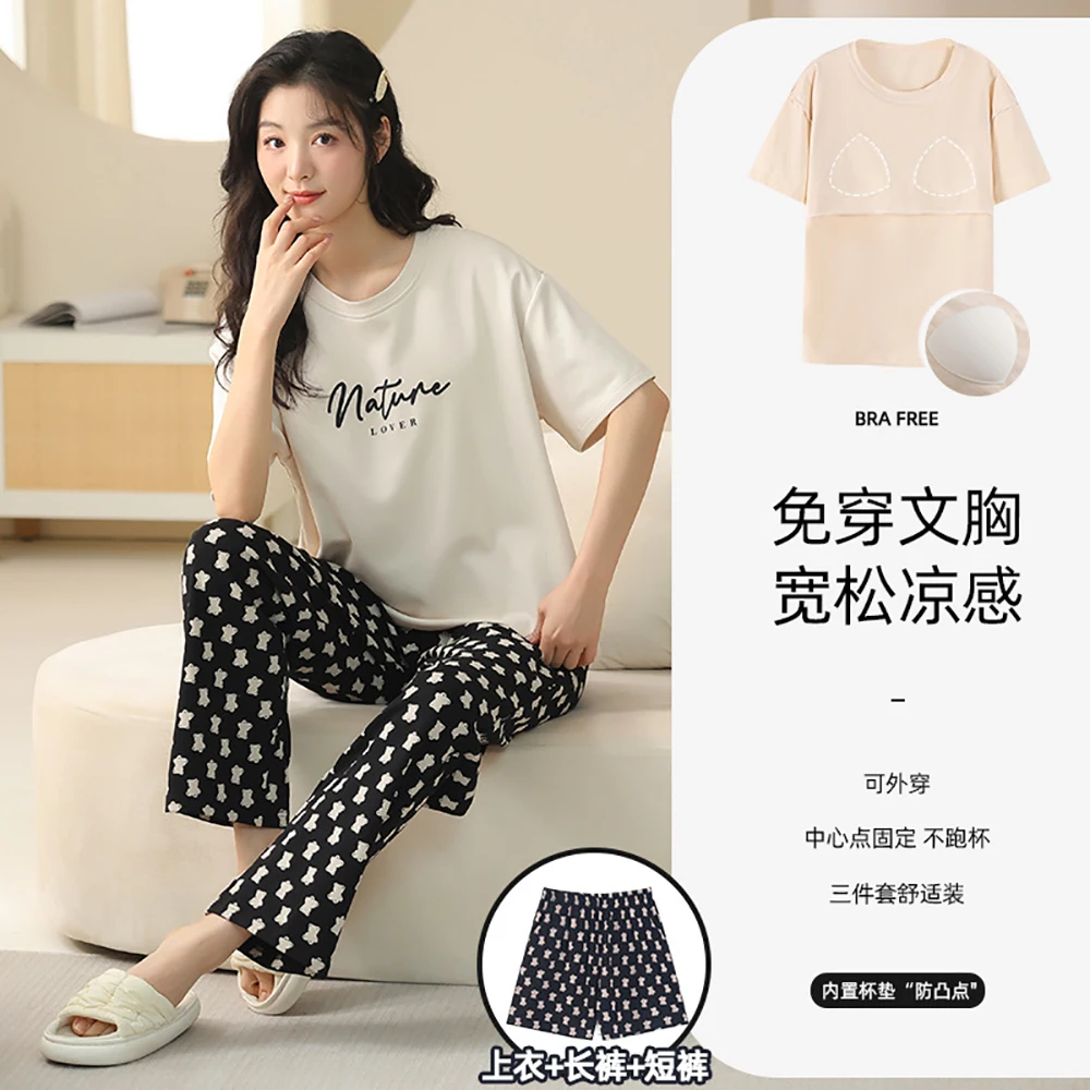 

3PCS/Set M-2XL Summer Short Sleeve T-shirts With Padded Bra +Shorts+Women's Pajamas Pants 100% Cotton Sleepwear Pijama Mujer