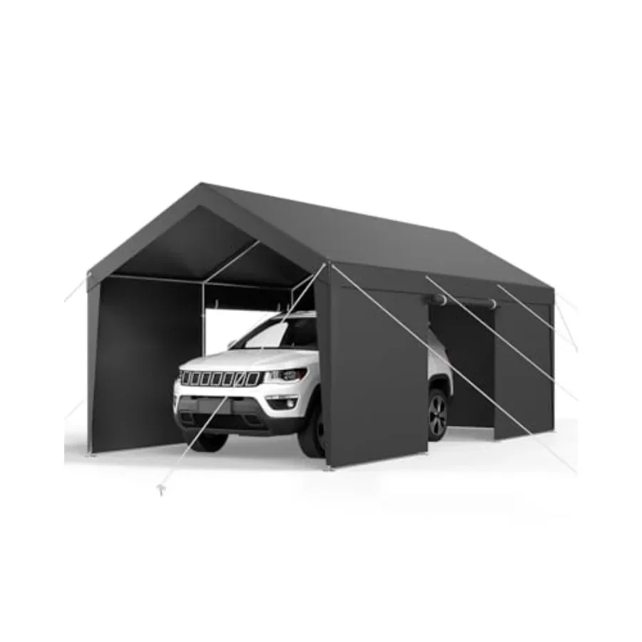 Carport canopy for outdoor vehicle storage, heavy-duty polyethylene, gray, upgraded roll-up windows and removable sidewalls for