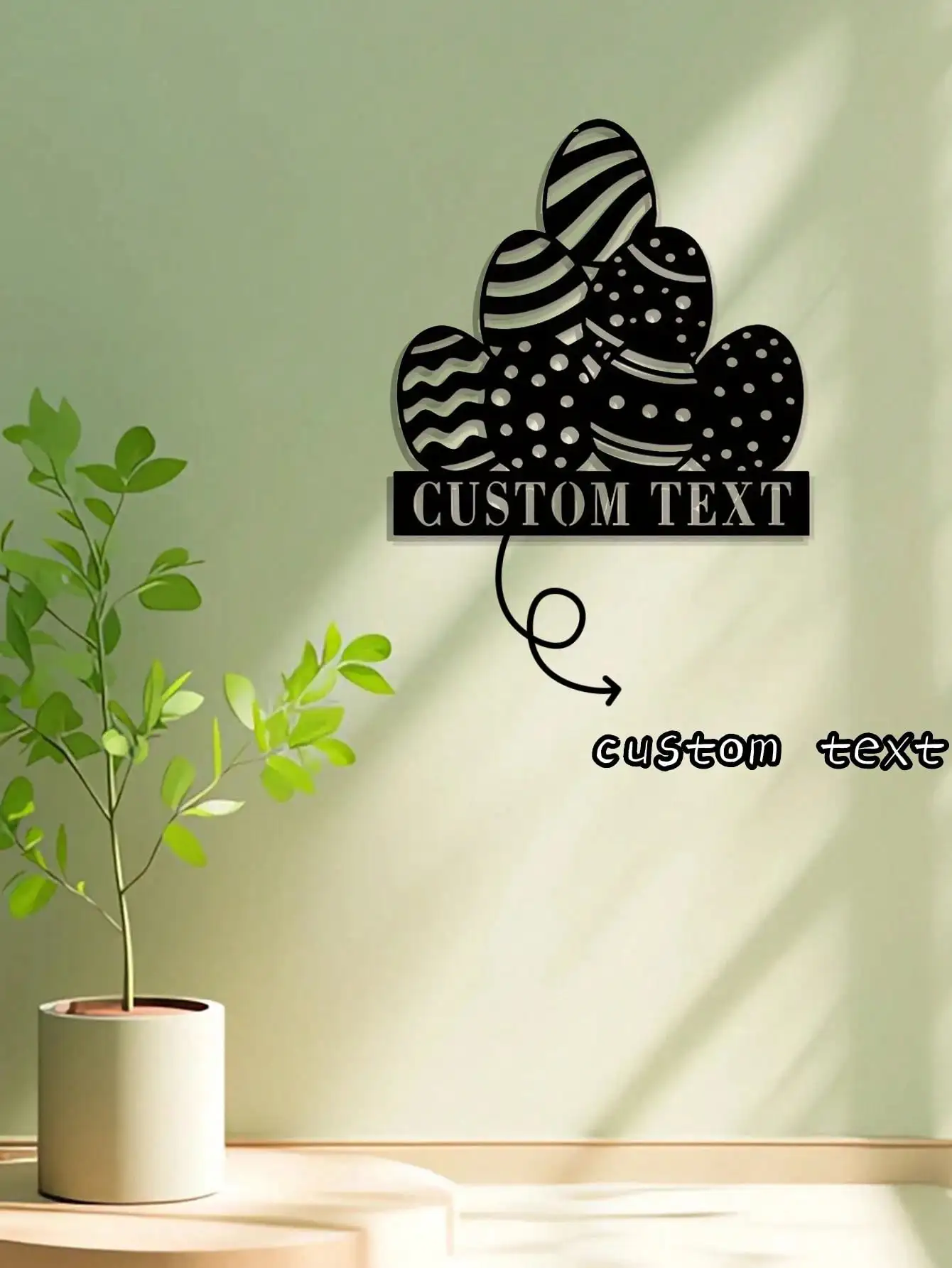 

Custom Metal Easter Egg Wall Art Logo Text, Black White Striped Decor
