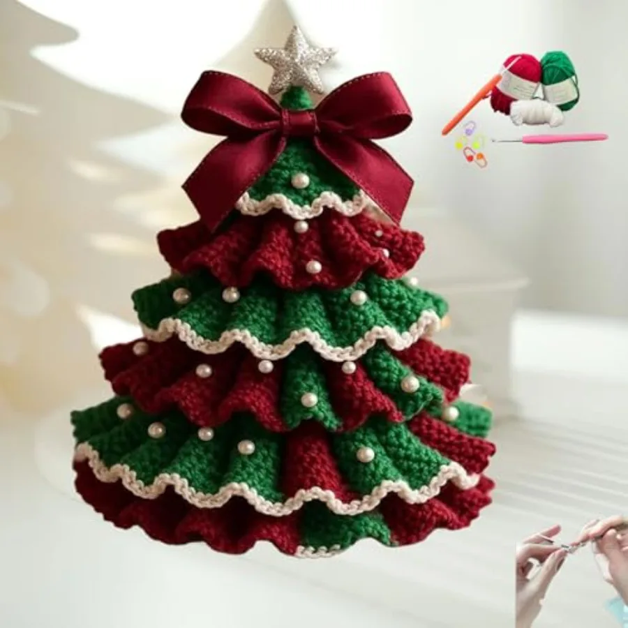 

DIY Crochet Christmas Tree Kit, 2026 News Crochet Christmas Ornaments, Beginner Christmas Kit, Tree Bow Pearl Embellishment, Ch