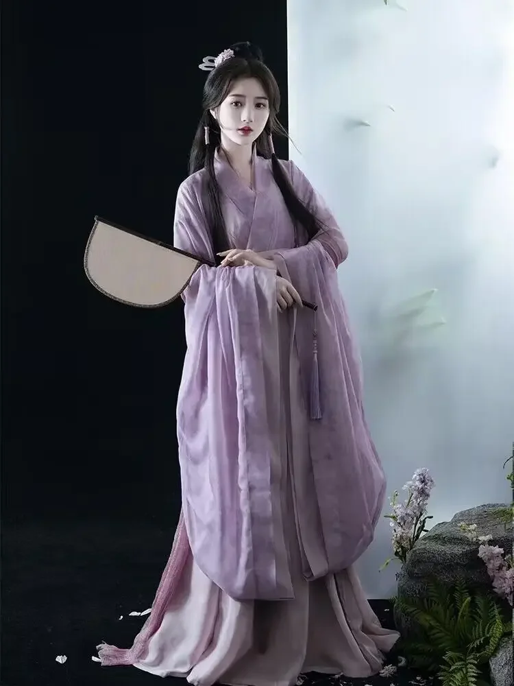 ชุด Hanfu ผู้หญิงจีนโบราณ3ชิ้นชุดนางฟ้า2023ชุดคอสเพลย์ผู้หญิงฤดูร้อนชุดเดรสเต้นรำ Hanfu สีม่วงชุด3ชิ้น