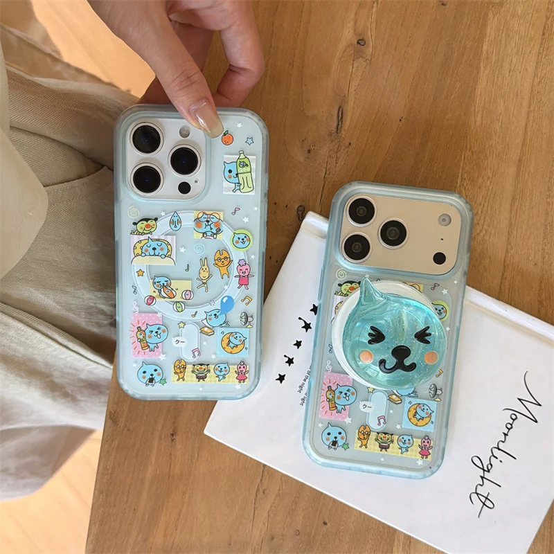 Cute Cartoon Cat Clear Phone Case For iPhone 15 16 17 Promax Blue Shockproof Cover Kawaii Sticker Pattern With For MagSafe