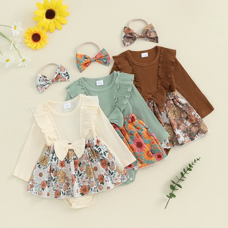 0-24Months Baby Girl Fall Romper Dress Outfit Flower Print Ruffle Trim Long Sleeve Bodysuits Bow Headband 2 Piece Set