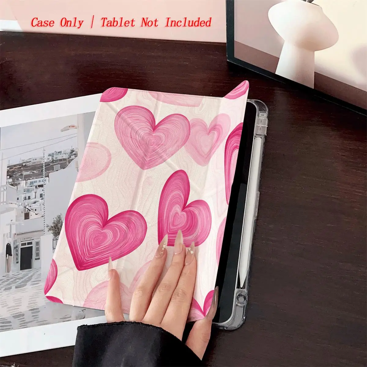 Sweet Y-Fold Acrylic Many Pink Big Hearts iPad Case For Apple iPad Pro 11/12.9 Air 3/4/5 Mini 5/6 8th-10th Gen Cover