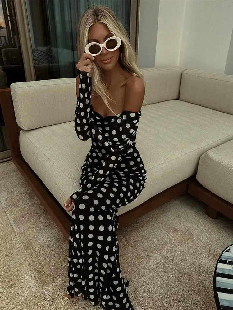 Sexy Polka Dots Print Dress Off Shoulder Patchwork Maxi Dress for Women Slim Fit Long Sleeves A-line Vestidos Lady Elegant Robe