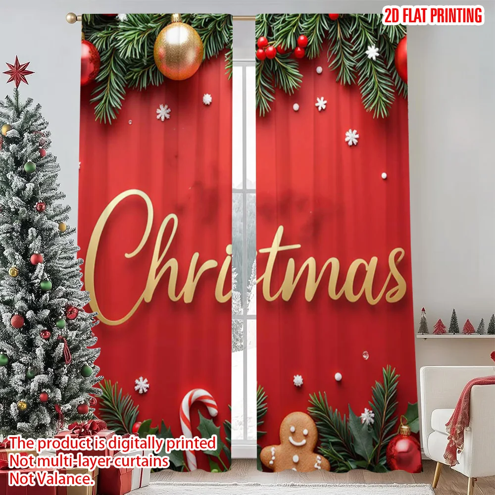 

2pcs 2D flat printing Merry Christmas Curtains red Christmas Polyester Without Electricity Party Decorations Use for Home Wall