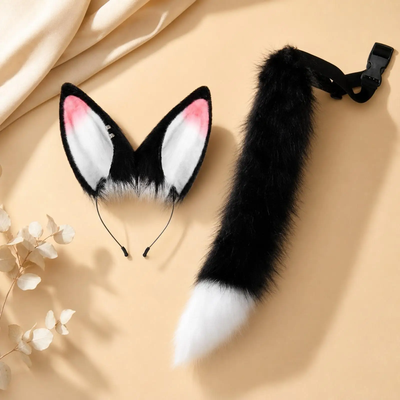 2 Pieces Animal Ear Headband with Tail Soft furry material Texture, Furry Animal Ears Headband and Tail Set, Adjustable