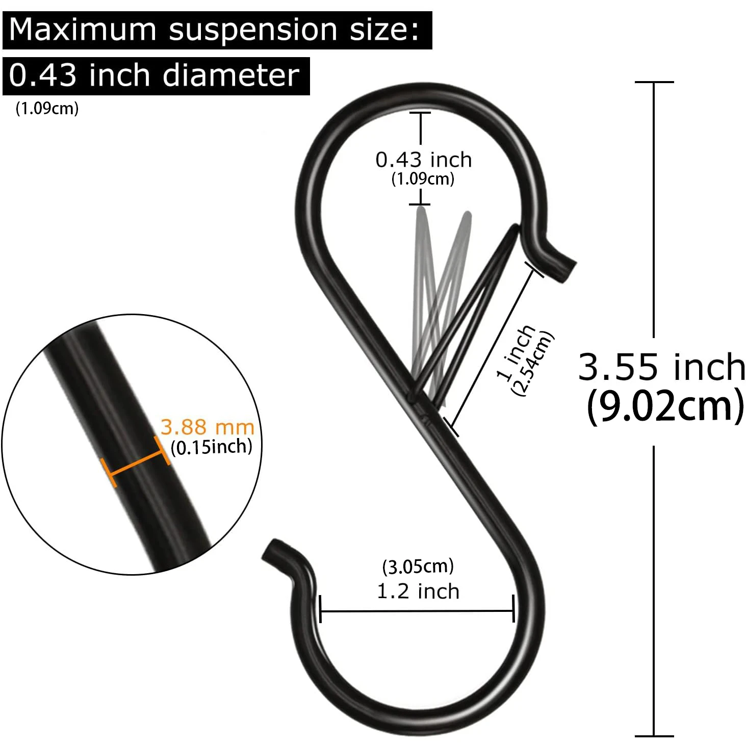 10/20 S-Haken zum Aufhängen, schwarze, robuste Metallhaken mit Sicherheitsverschluss, zum Aufhängen von Pflanzen, Lampen, Küchenutensilien, Bratpfannen, Töpfen, Geschirr, Kleidung, Handtüchern. – Detail 2
