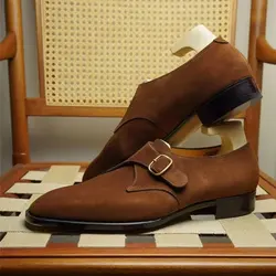 New Men Loafers Black Brown Side Buckle Suede Leather Shoes European American Fashionable Round Toe Formal Shoes Sizes 38-46