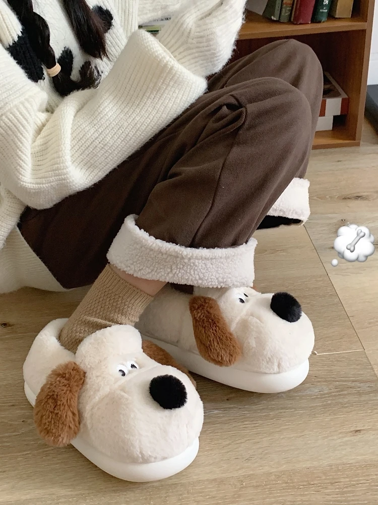 Cute Puppy Home Slippers For Couple Cotton Slippers For Men And Women Cute Winter Leader Dog Plush Warm Bag And Home Shoes