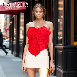 GALCAUR Solid Patchwork 3D Flower Short Vest For Women Strapless Sleeveless Backless Tunic Spliced Zipper Sexy Top Female Summer