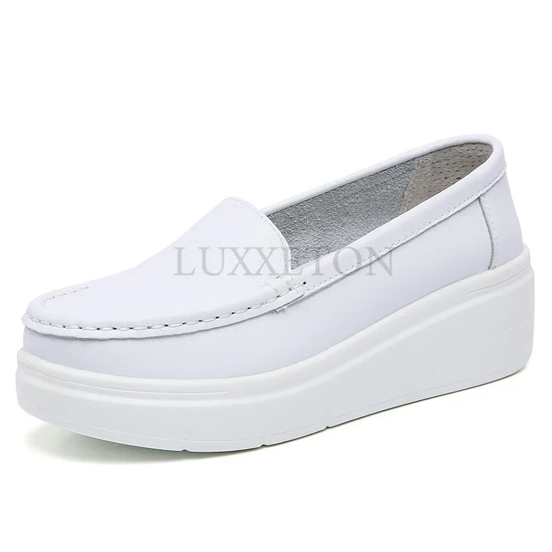 Genuine Leather Nurse Shoe Small White Shoes Women Border New Comfortable Slope Heel Thick Sole Single Shoes Medical Shoes