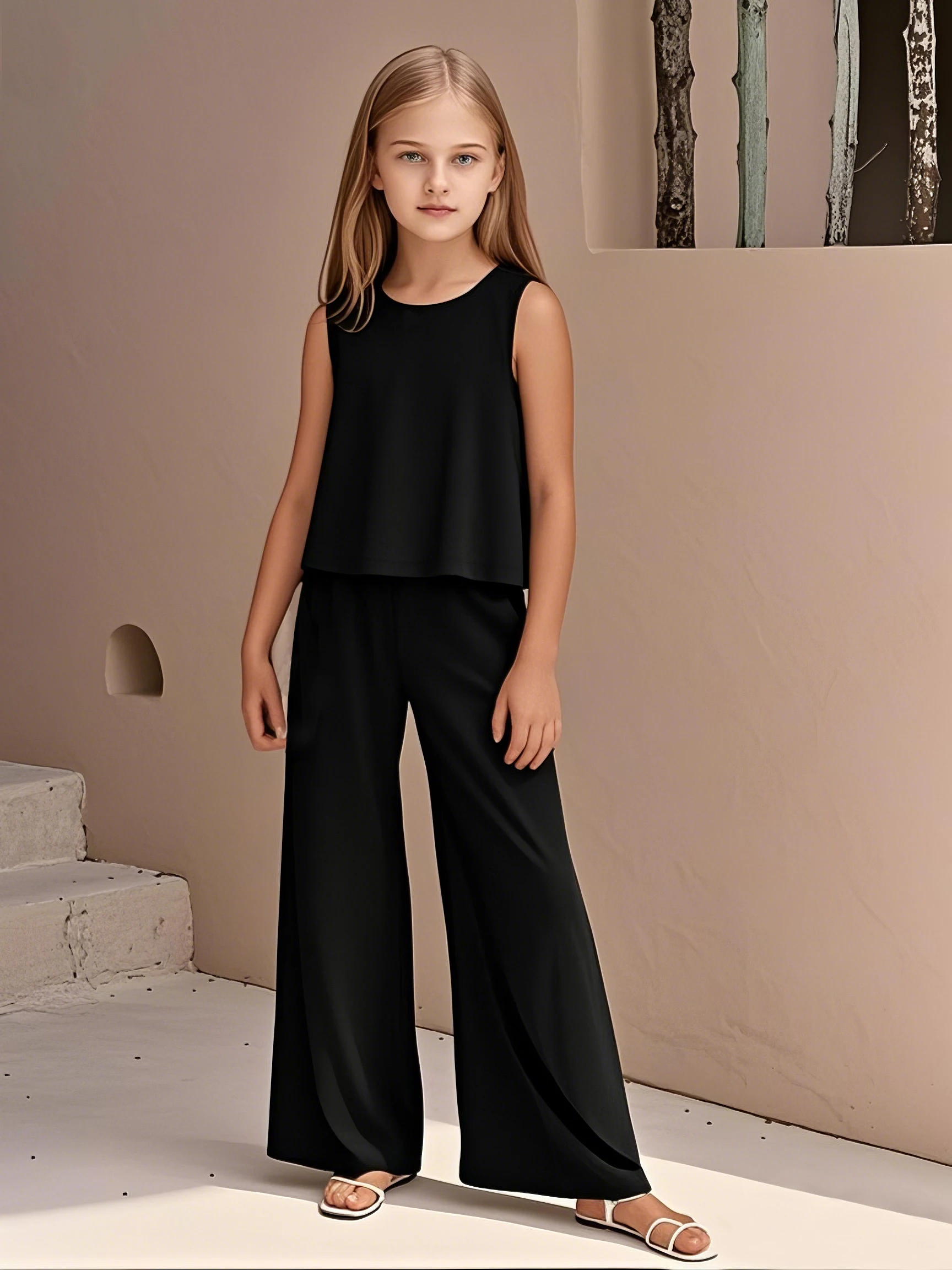 Girls 2 Piece Solid Black Outfit Sleeveless Loose Crop Top & High Waist Wide Leg Pants Kids Minimalist Casual Set