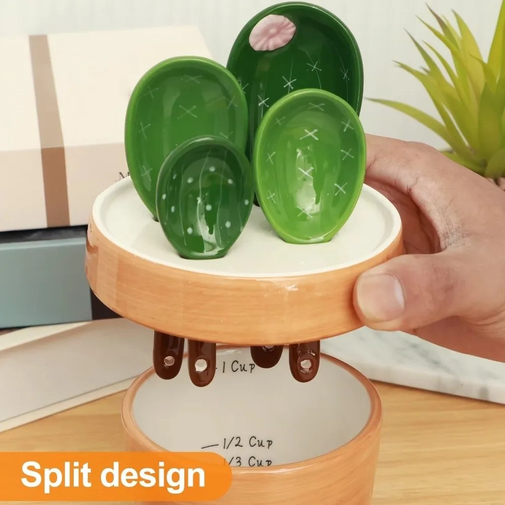 Ceramic Measuring Spoons Set with Base Space Saving Baking Spoons Cactus Shape Kitchen Measuring Spoons Seasoning Storage