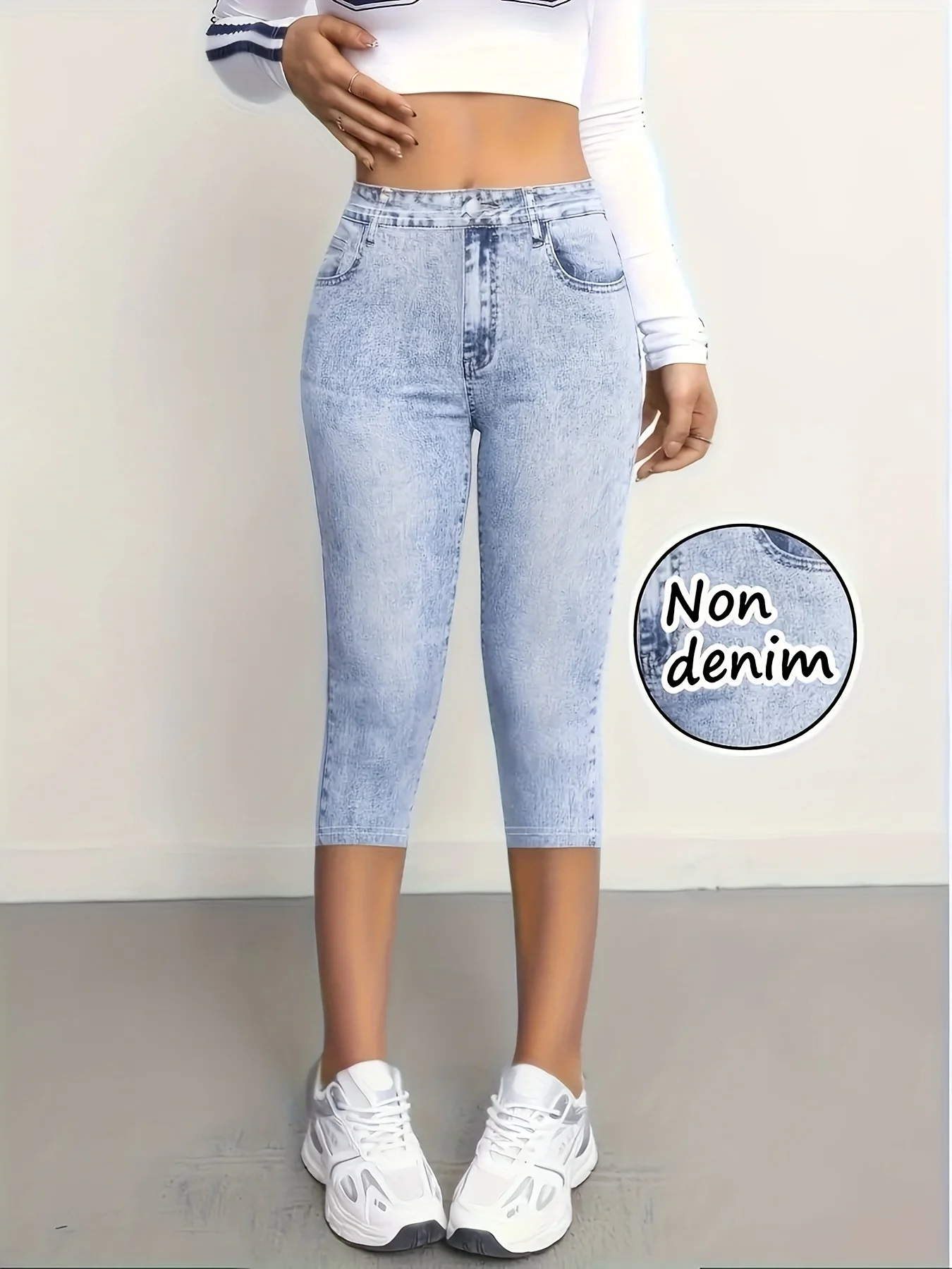Y2K Damen High-Rise Capri-Leggings mit Denim-Print, Nicht-Denim, Hochelastisch, Slim Fit, Streetwear, Sommer-Crop-Hose – Detail 5