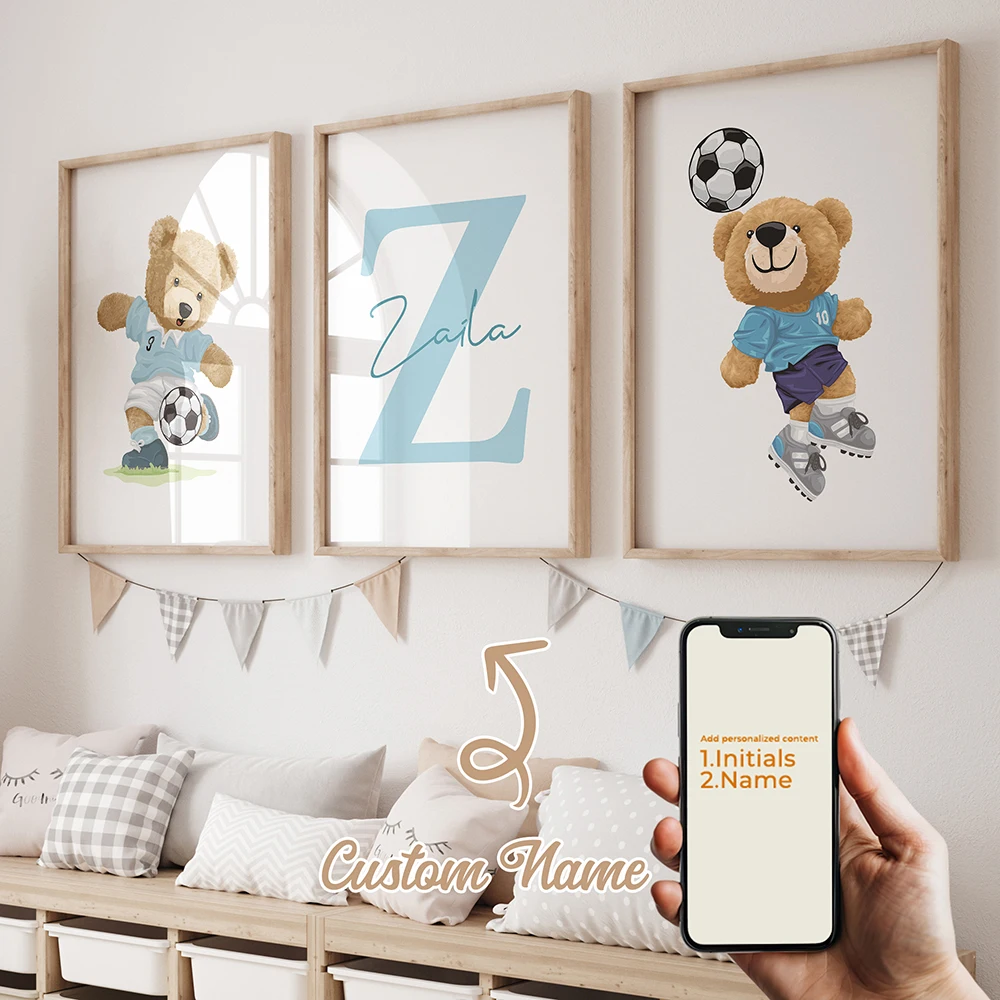 3pcs Personalized Custom Name Cartoon Bear Wall Art Print Picture Canvas Poster Painting For Living Child Room Home Decor