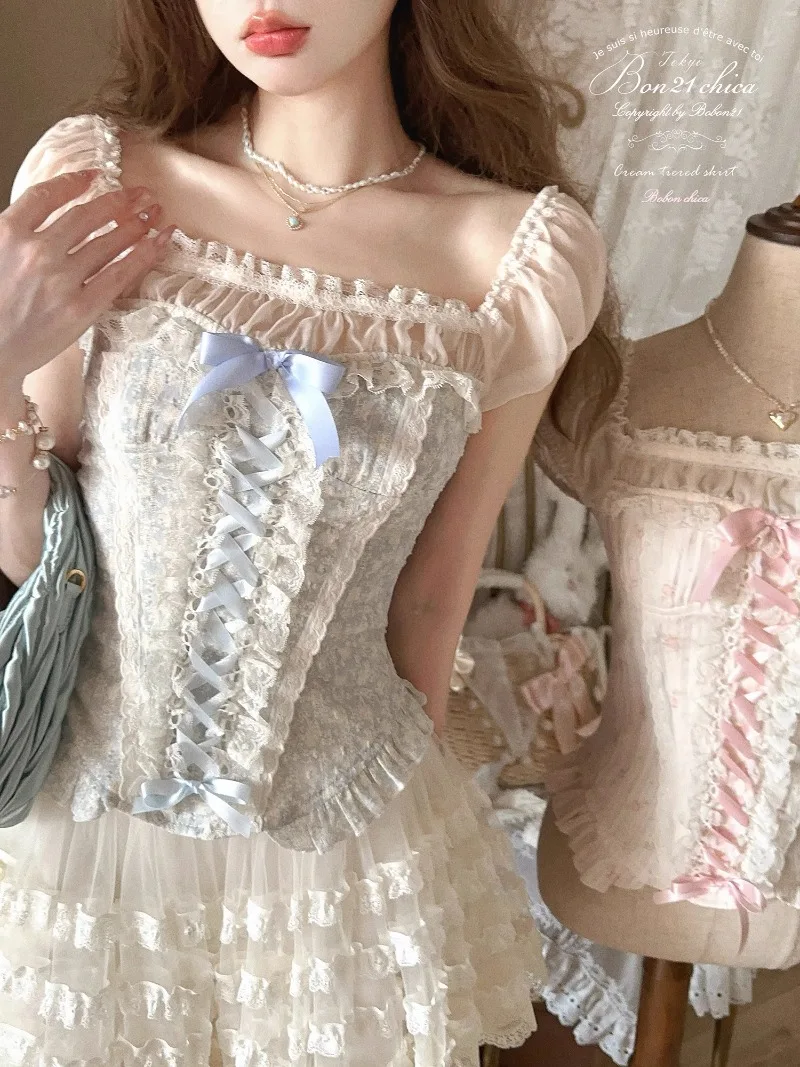 2025 Summer New French Style Girl Fake Two-piece Corset Shirt Japanese Lolita Chic Square Neck Slim Fit Blouse Women's Clothing