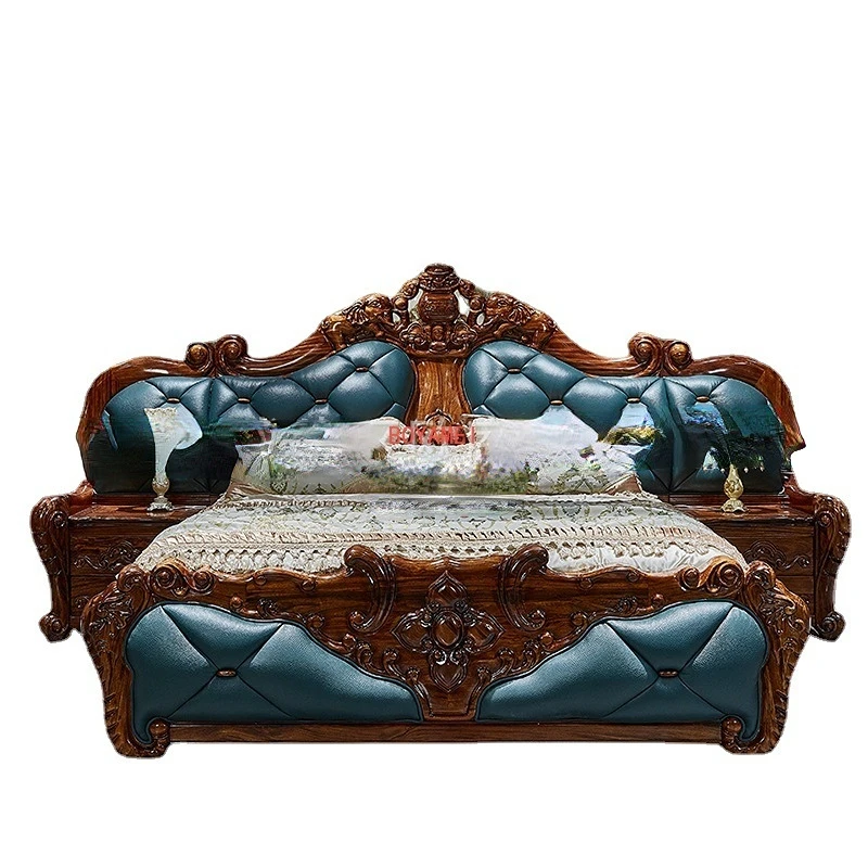 African ebony elephant carved European-style leather bed villa master bedroom luxury double bed wedding bed